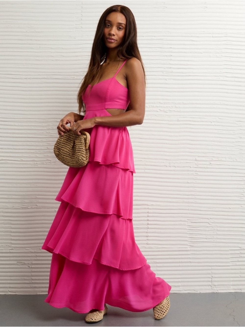 American Eagle Babydoll Tiered Pink Maxi Dress